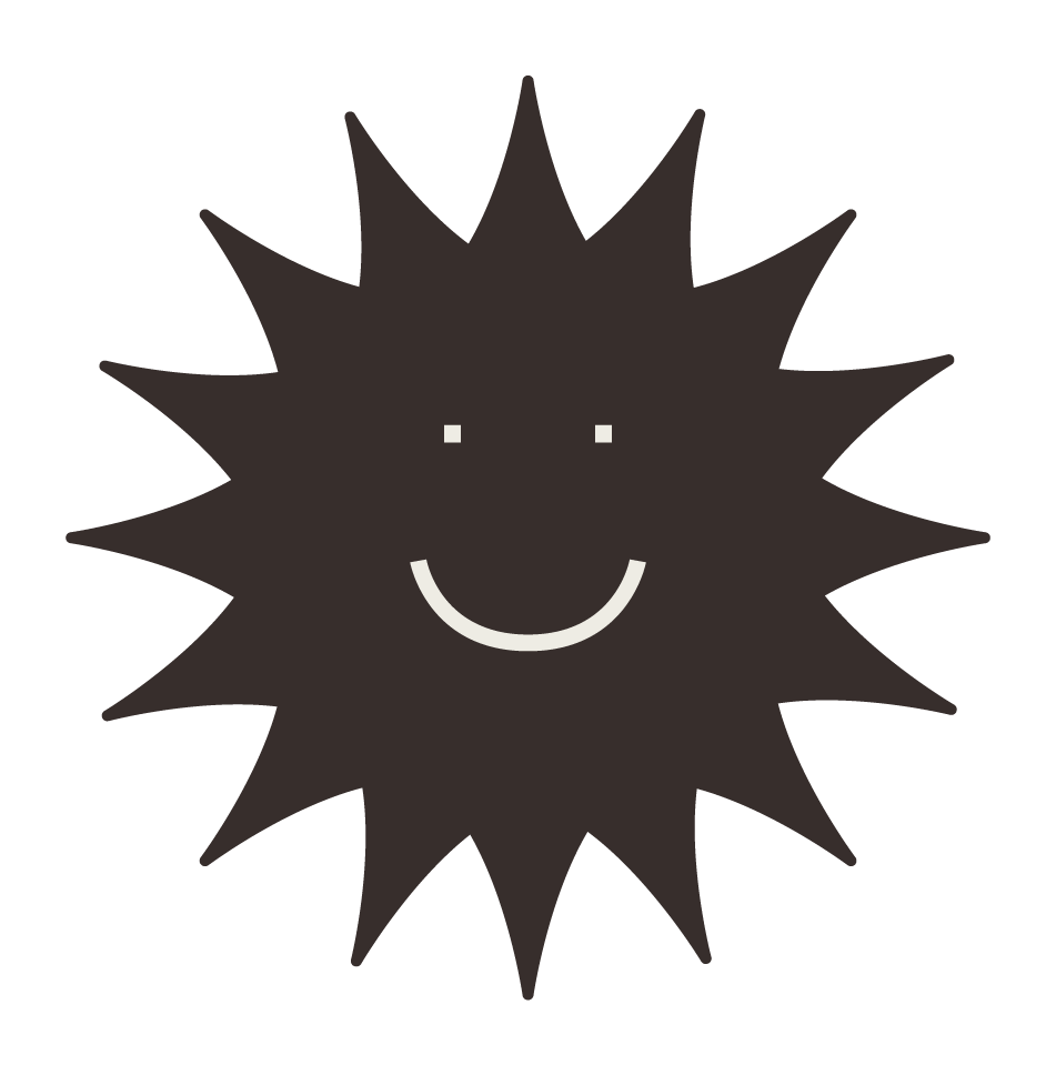 A cartoon illustration of a sun with a smiling face, small eyes, a curved mouth, and jagged rays.