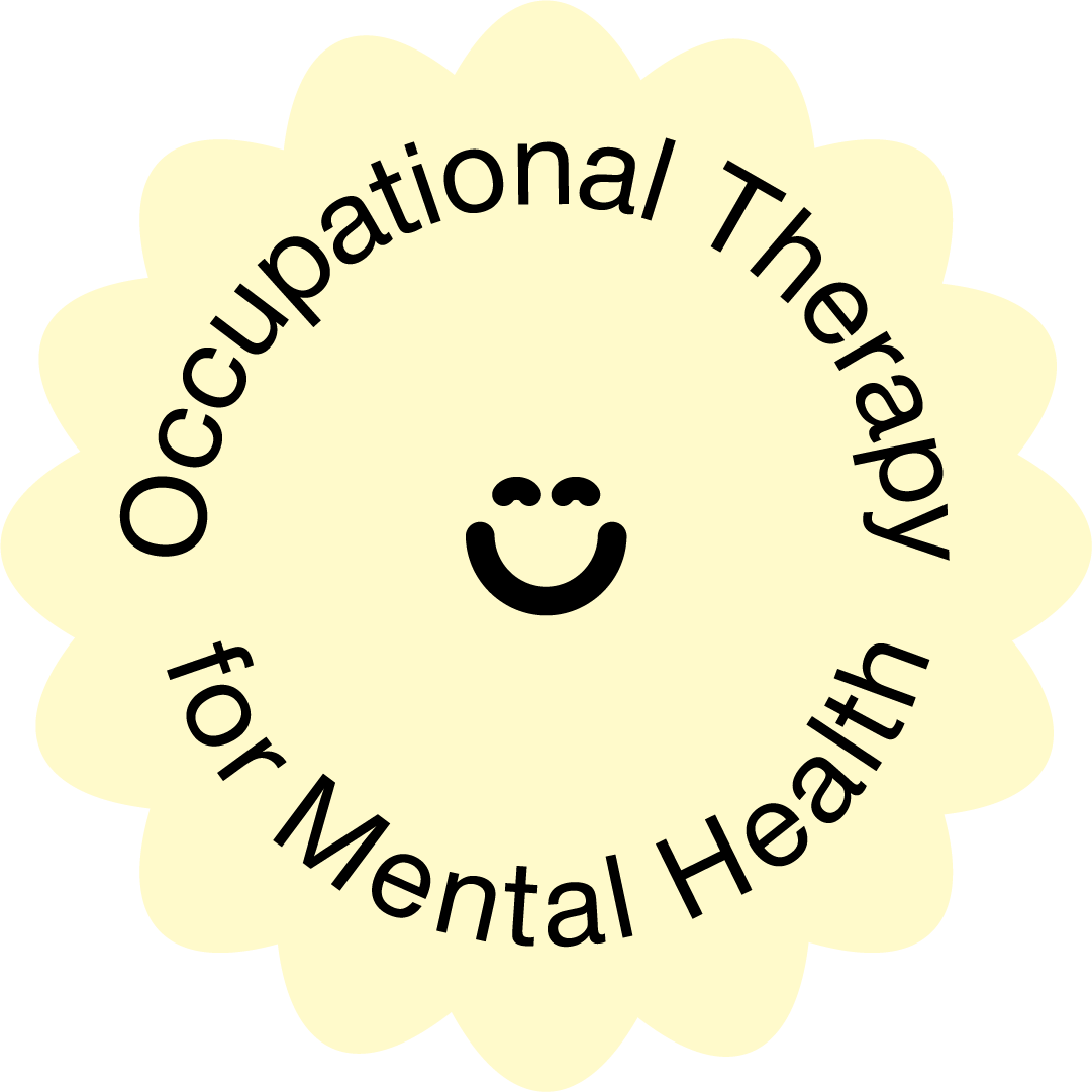 Cream-colored flower shape with a smiling face in the center and text around it that reads, "Occupational Therapy for Mental Health".