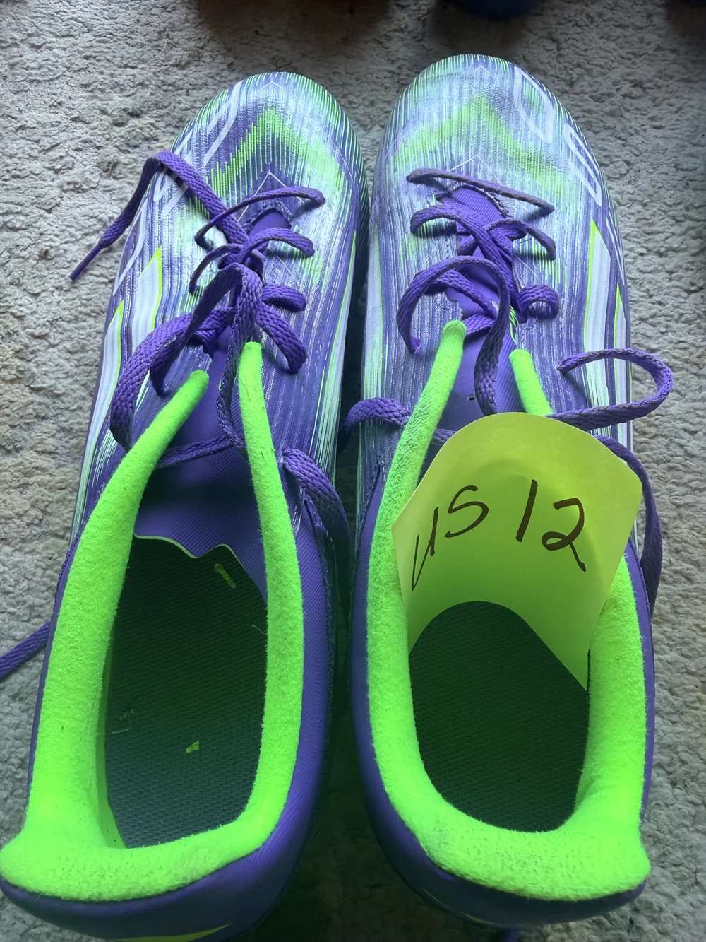 Adidas purple/lime cleats, US 12