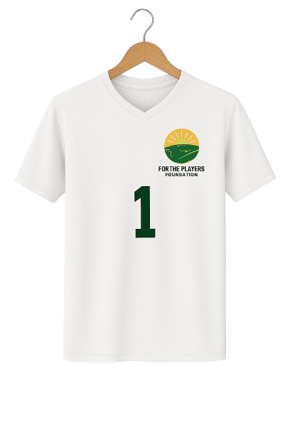 White sports jersey with green number 1 and a logo of a sun rising over green hills, with the text 'For the Players Foundation'.