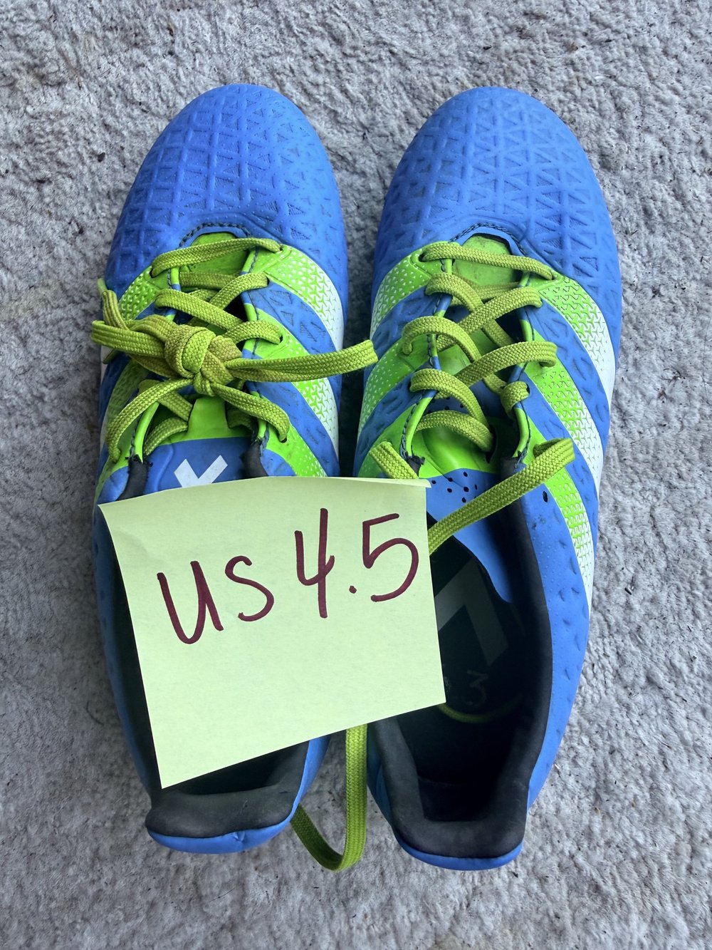 Adidas blue/lime cleats, US 4.5