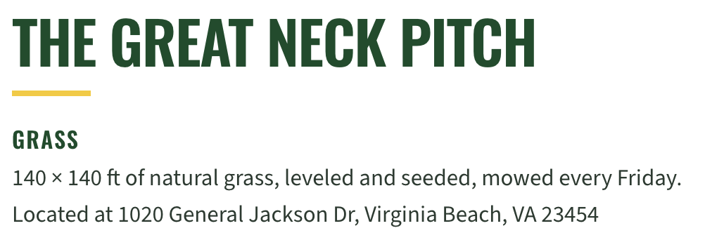 Information board titled 'The Great Neck Pitch', describing a field of natural grass at 1020 General Jackson Dr, Virginia Beach, VA 23454, maintained every Friday.
