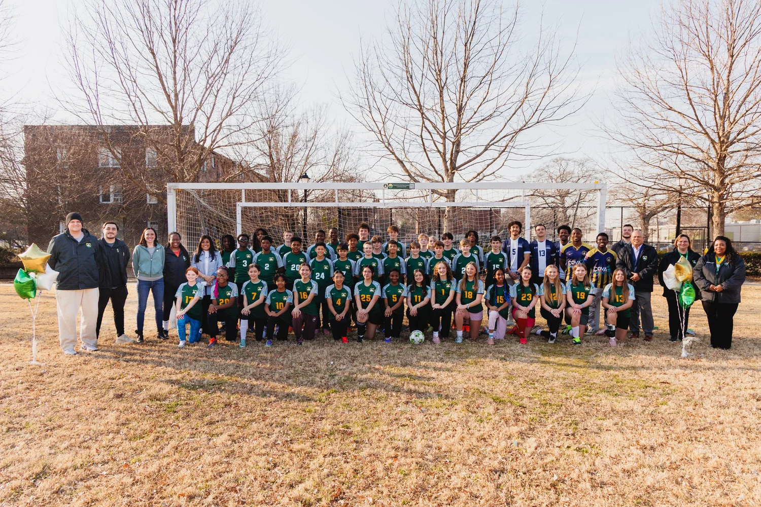 Blair Middle School group photo celebrating a new place to play soccer