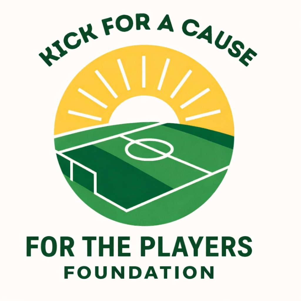 Logo with a stylized soccer field, sunburst in the background, and text reading 'Kick For A Cause for the Players Foundation'.