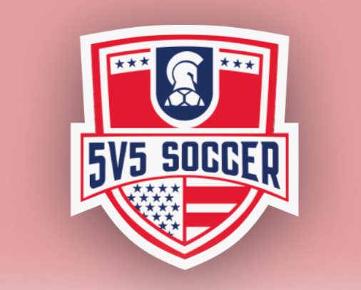 Logo for 5v5 soccer featuring a shield design with a stylized soccer ball and American flag elements.