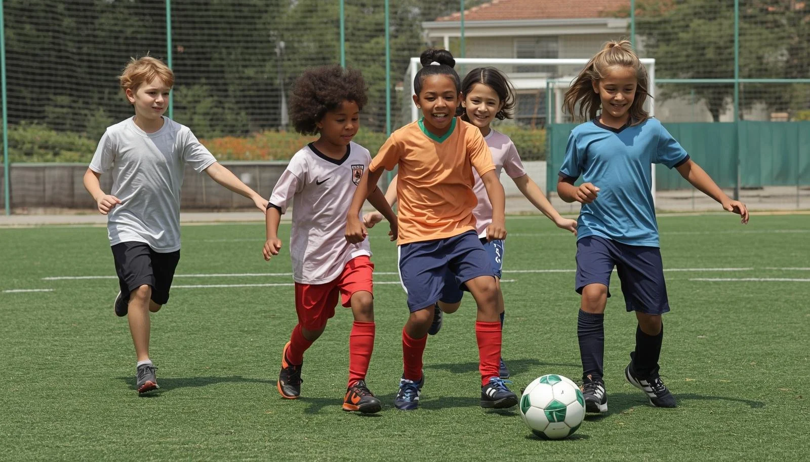 Five kids playing soccer on a field, running towards the ball, with a fence and some trees in the background.