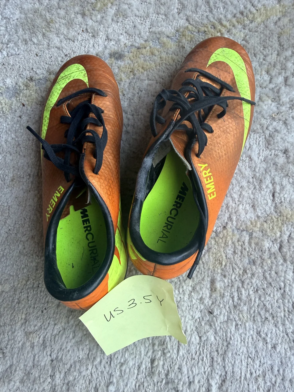 Nike Mercurial orange cleats, US 3.5Y