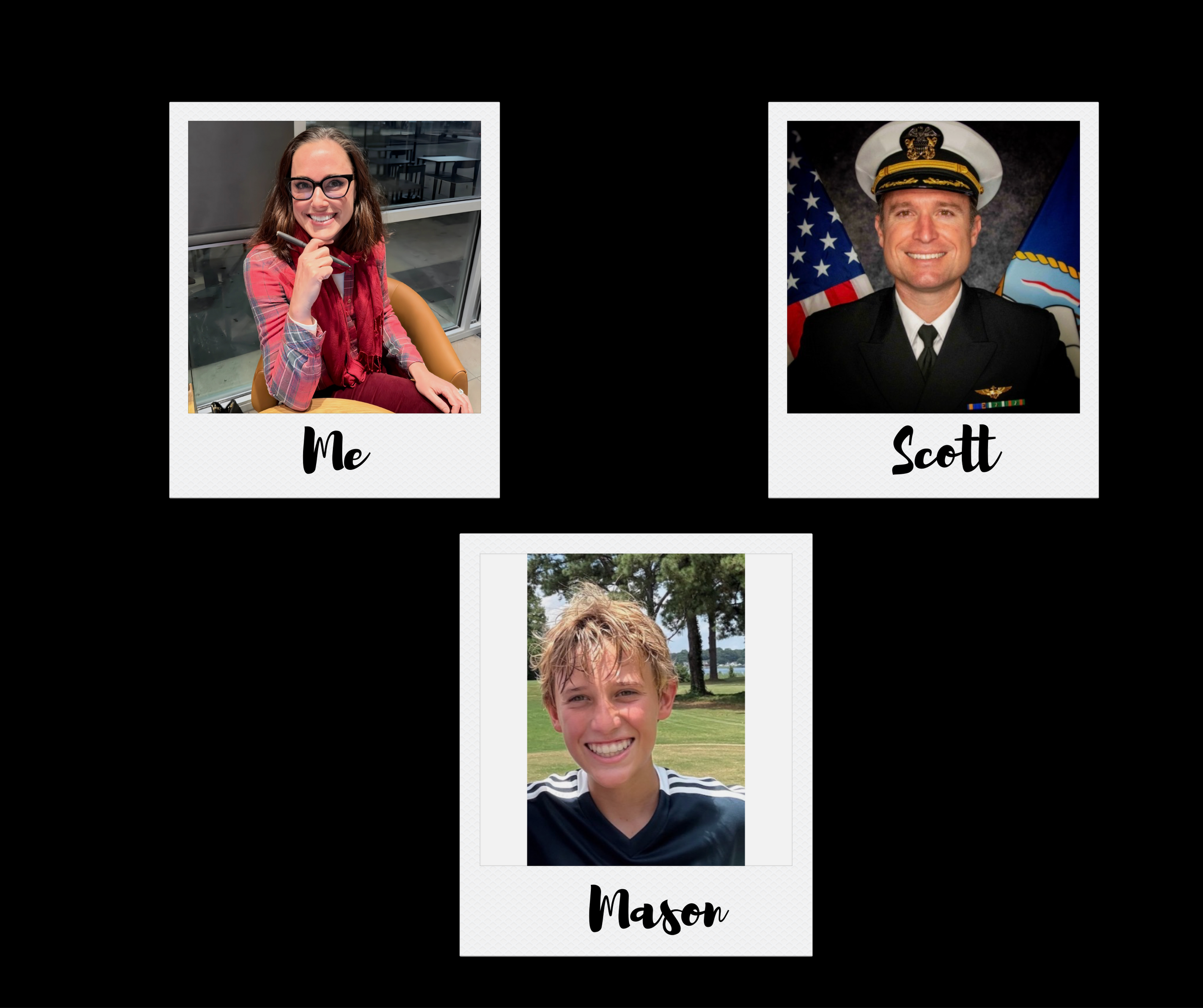 A digital family tree diagram with three Polaroid-style photos connected by lines. The top left photo is of a woman with glasses, smiling, holding a pen, labeled 'Me.' The top right photo is of a man in a military uniform with a cap, smiling, labeled 'Scott.' The bottom photo is of a young boy with blond hair, smiling outdoors, labeled 'Mason.'