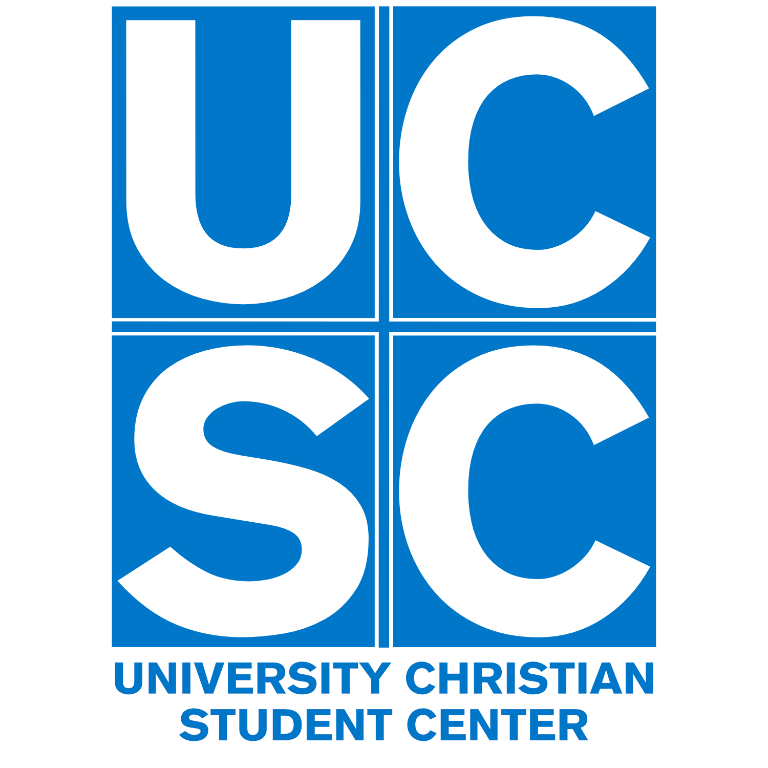 Logo of the University Christian Student Center, with the letters UCC arranged in a 2x2 grid in white on a blue background, and the full name written below.