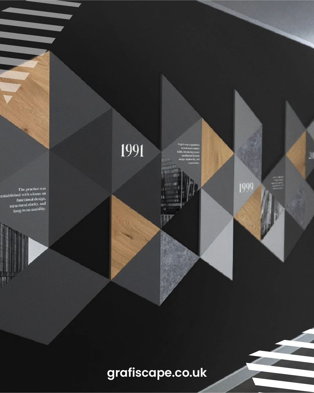 A history timeline designed as part of the interior, not an afterthought.
Dates, materials, and imagery are layered to create rhythm and depth, so the story unfolds naturally as you move through the space.

Learn More: https://www.grafiscape.co.uk/gr