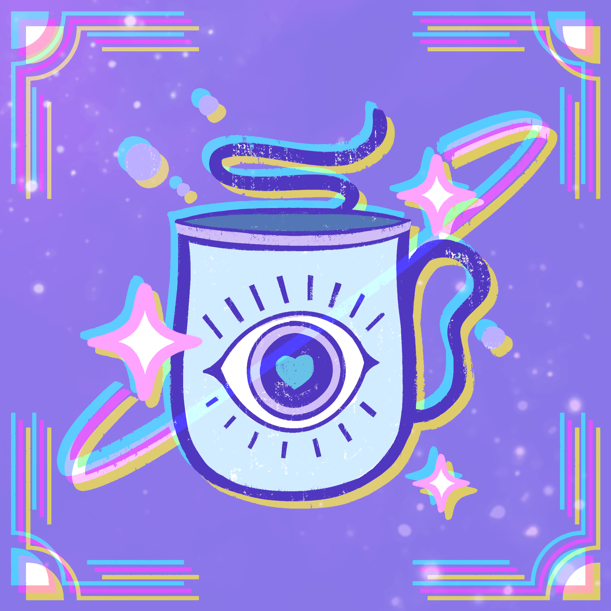 A digital illustration of a steaming mug with an eye and a blue heart inside, surrounded by colorful stars and geometric patterns on a purple background.
