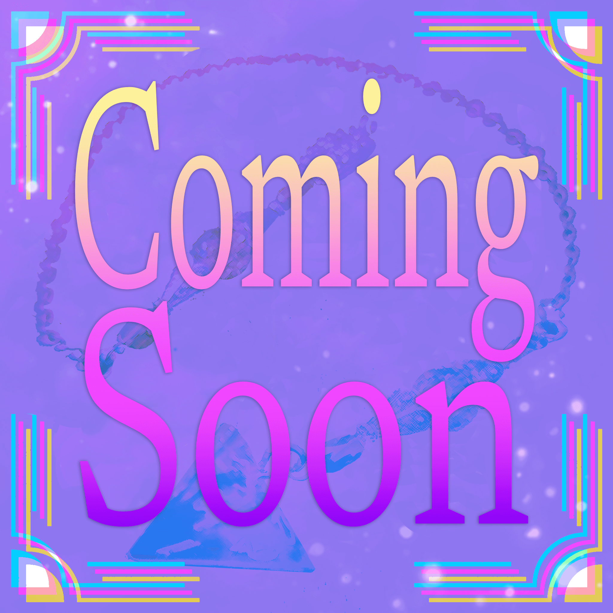 A colorful, pastel-themed digital art with the words 'Coming Soon' in large, gradient letters over a background image of a divination pendulum made out of a d4 die, starry effects, and decorative corner accents.