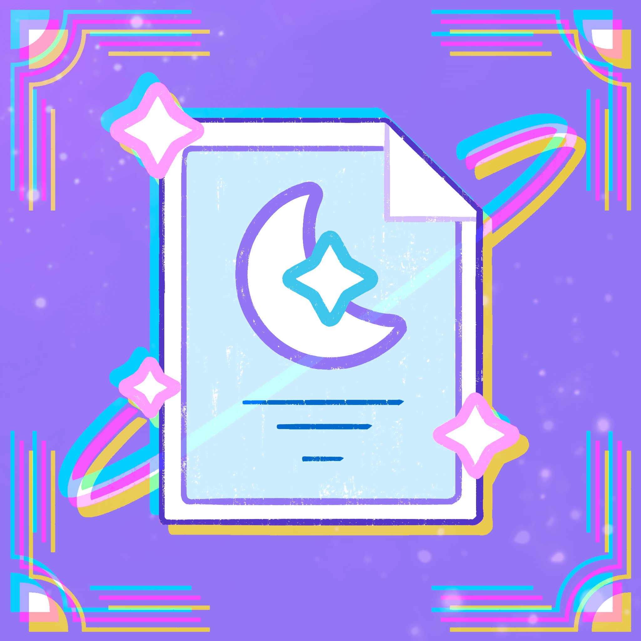 a saturated coloured vaporwave style colored art print icon of a paper with a crescent moon with sparkles around it and an art deco style border