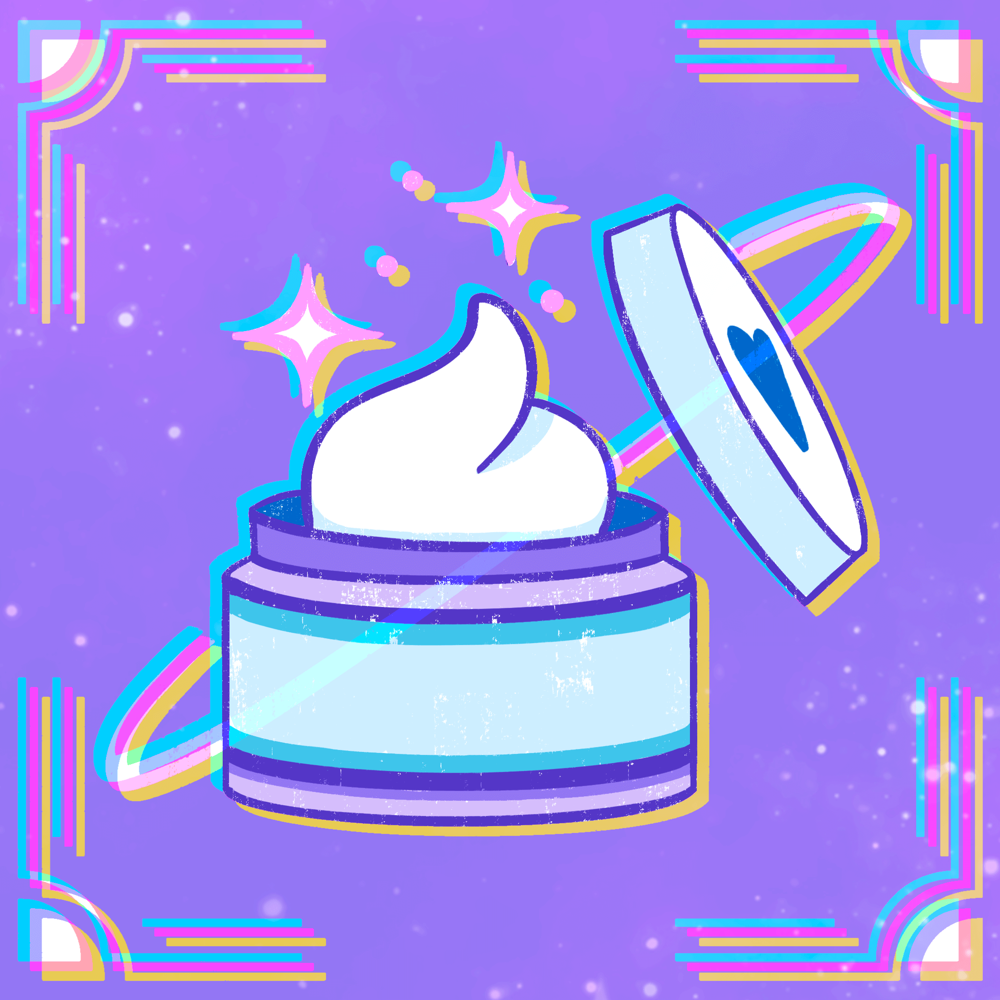 An digital illustration of a lotion cream jar with an open lid, showing cream inside. The background is purple with sparkles and colorful decorative border elements.