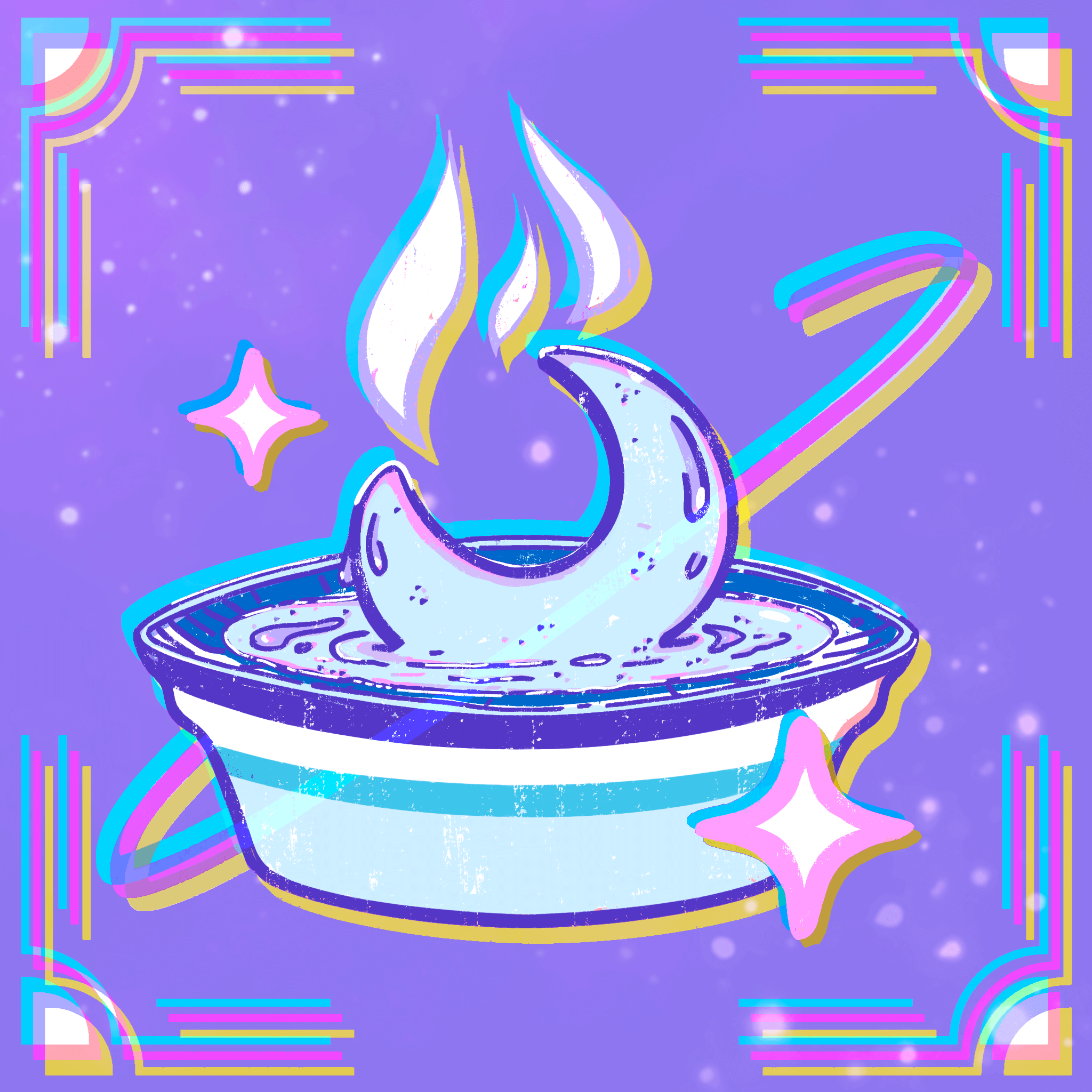 A digital illustration of a wax melter with a crescent moon shape wax melt, producing scents and surrounded by stars and celestial patterns on a purple background.
