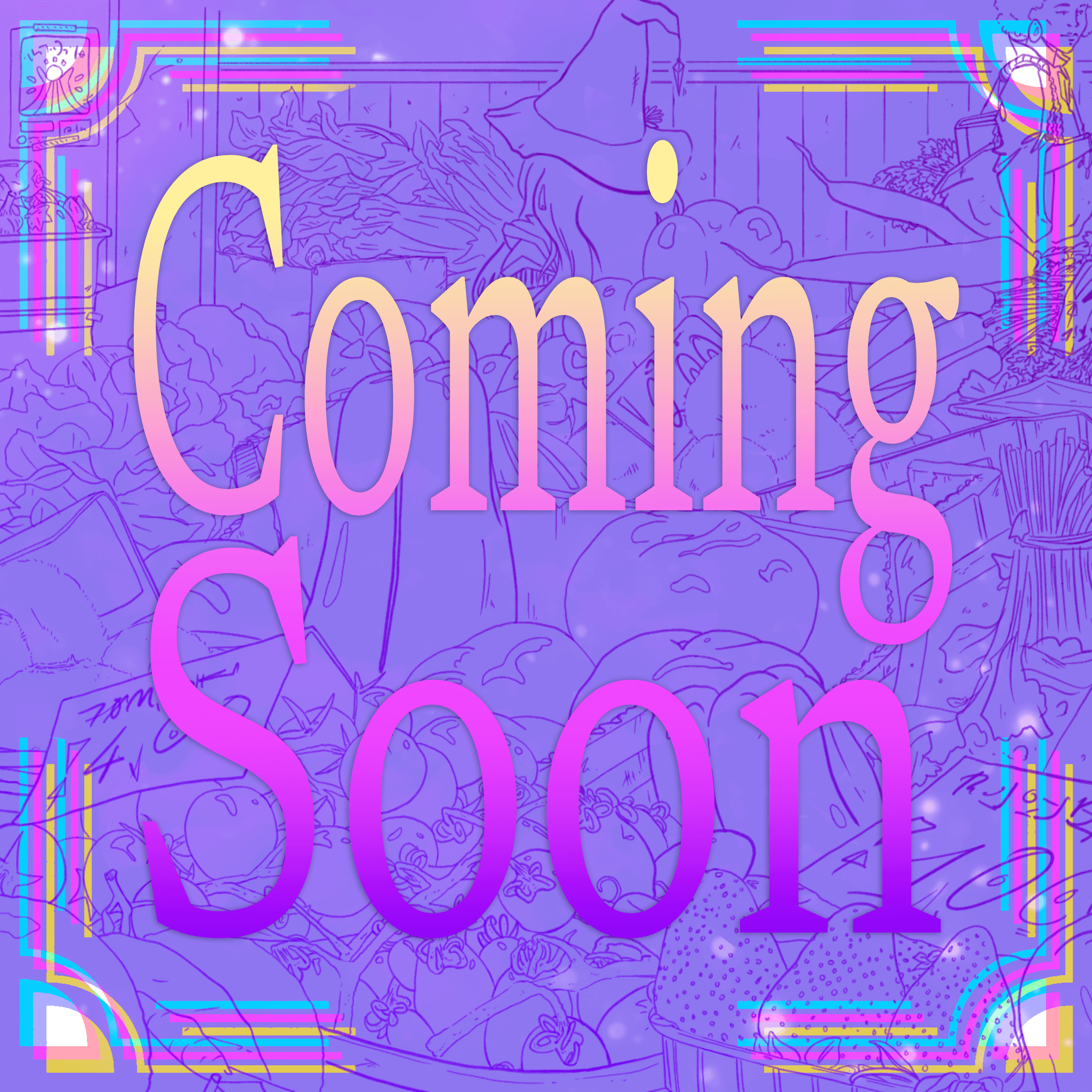 A colorful, pastel-themed digital illustration with the words 'Coming Soon' in large, gradient pink and purple text. The background features line art of a market with various vegetables, fruits, overlaid with vibrant neon accents and geometric lines.