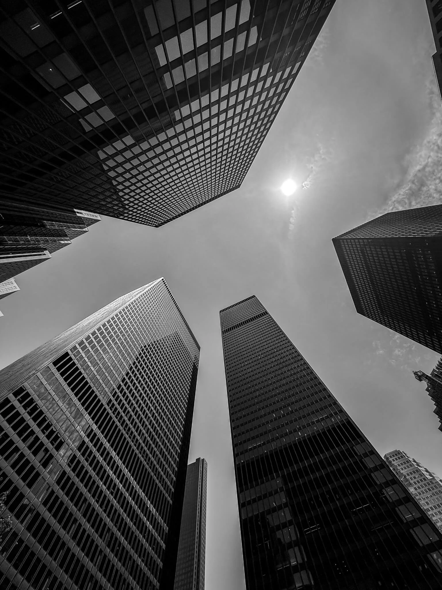 Black-and-white photo of tall skyscrapers from ground level looking up at the sky with the sun shining.
