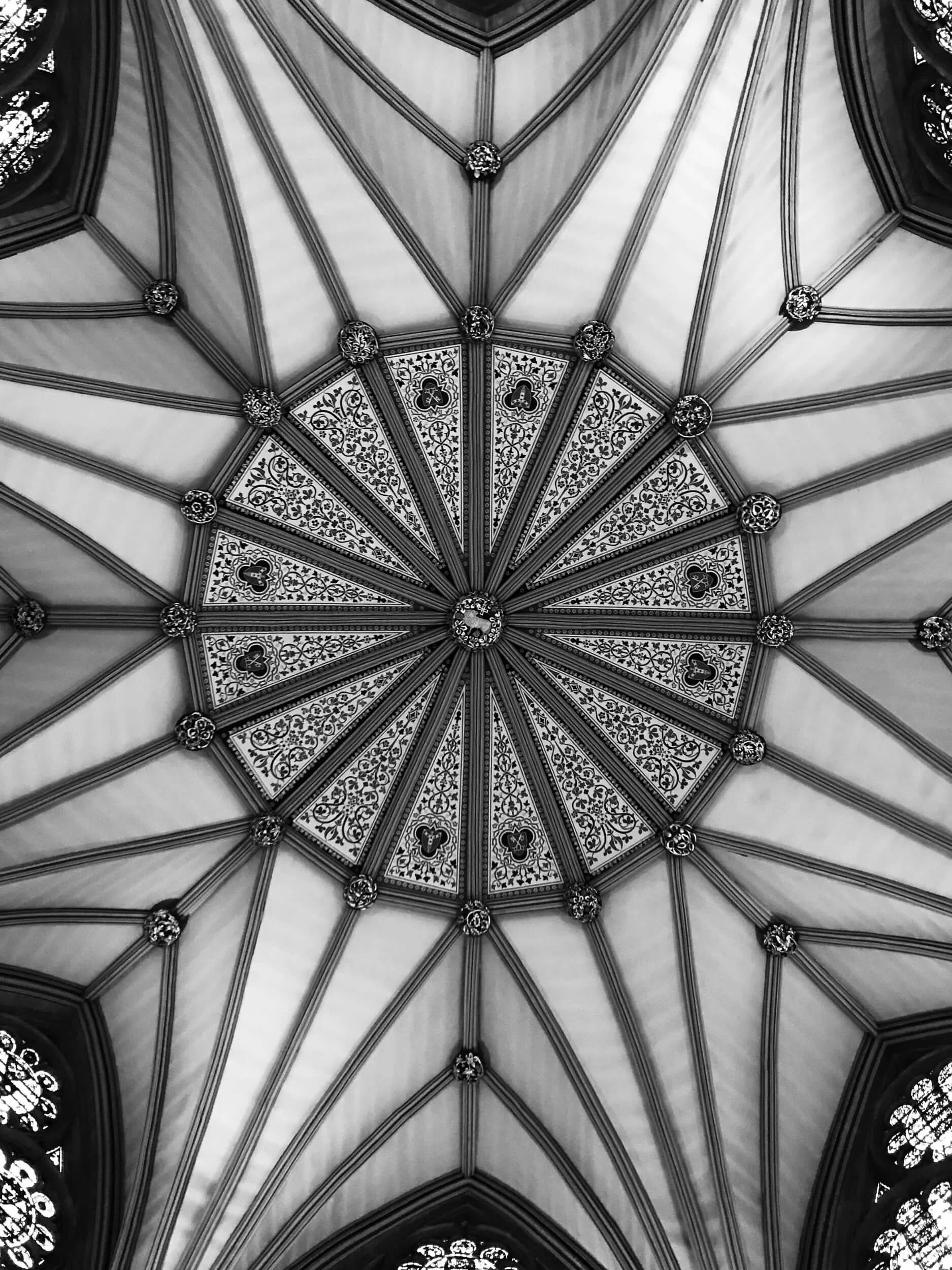 Black and white photo of York Minster Chapter House ceiling looking up