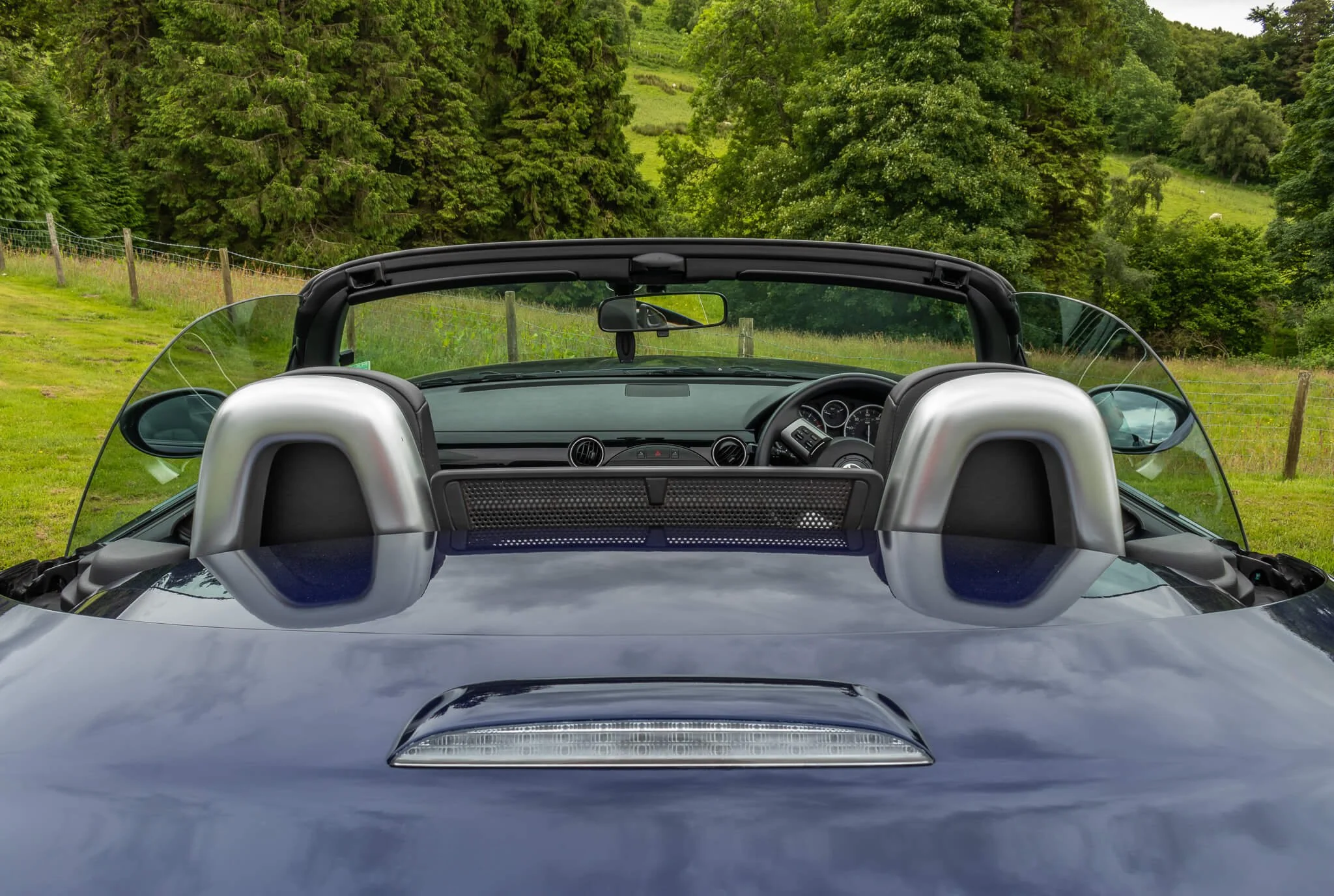 Rear view of a convertible car parked on grass, with the landscape of trees and rolling hills in the background.