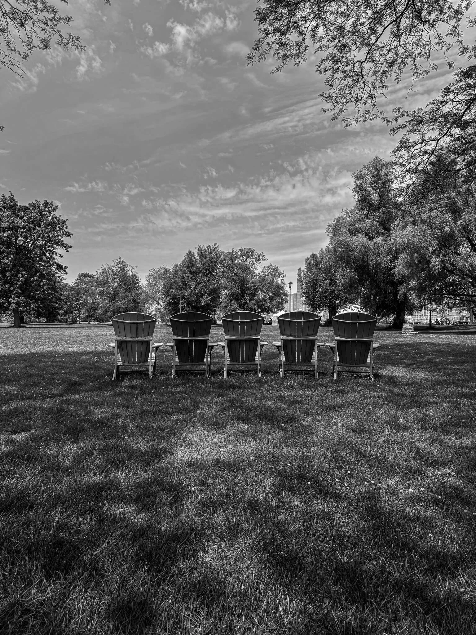 Five Adirondack chairs in a line on a grassy field, trees and cloudy sky in the background, black and white photo
