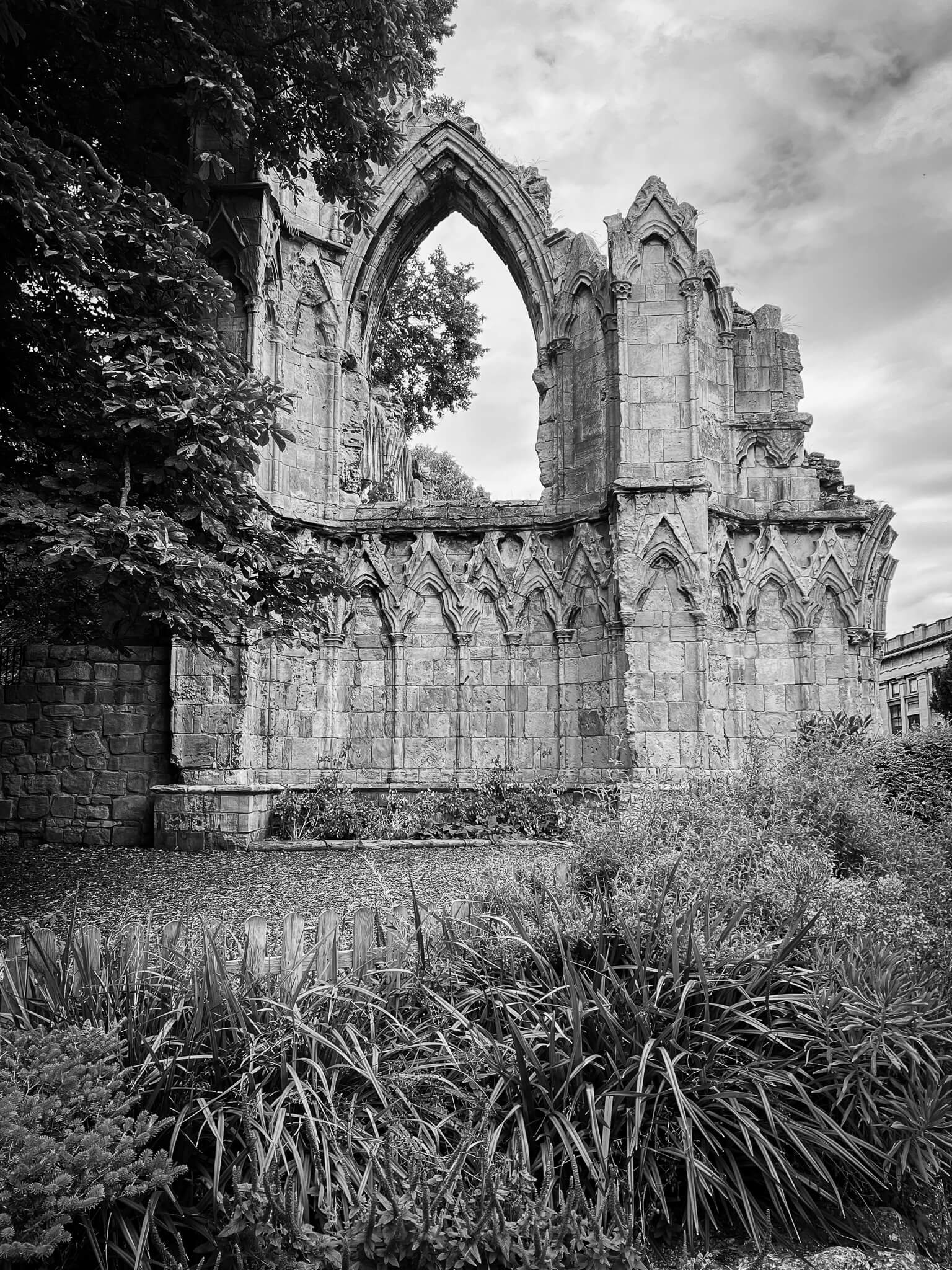 Black-and-white photo of a historic Gothic-style stone ruin with pointed arch windows, surrounded by lush greenery and plants.