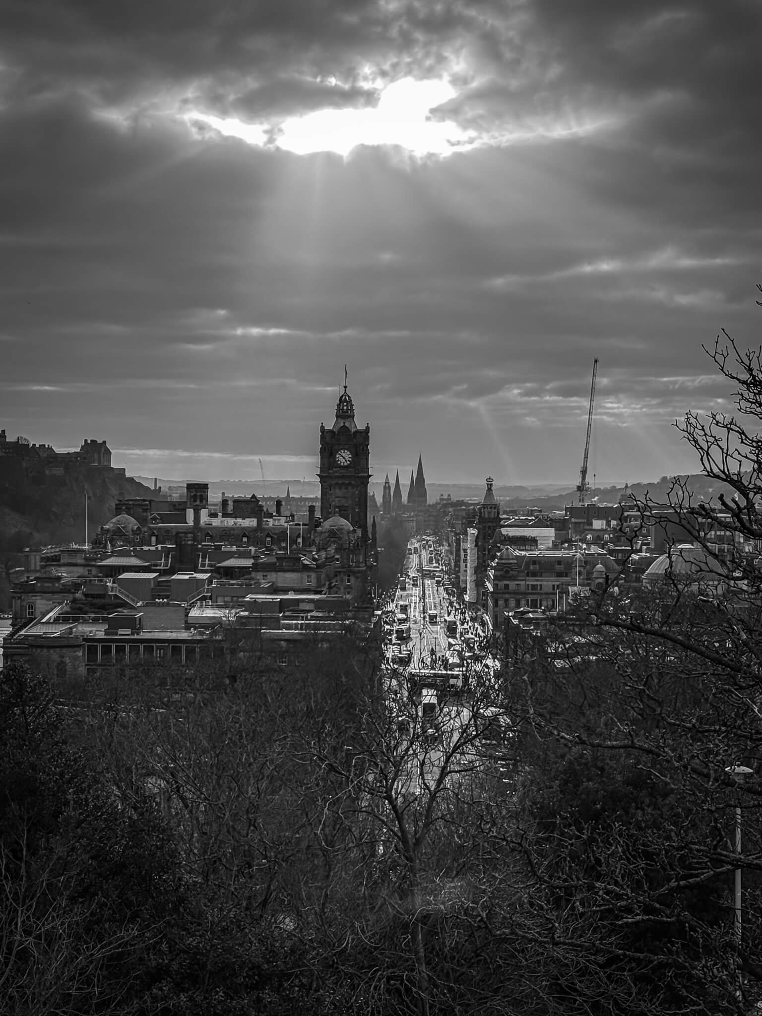 Black and white photo of Prince's Street Edinburgh taken from Carlton Hill