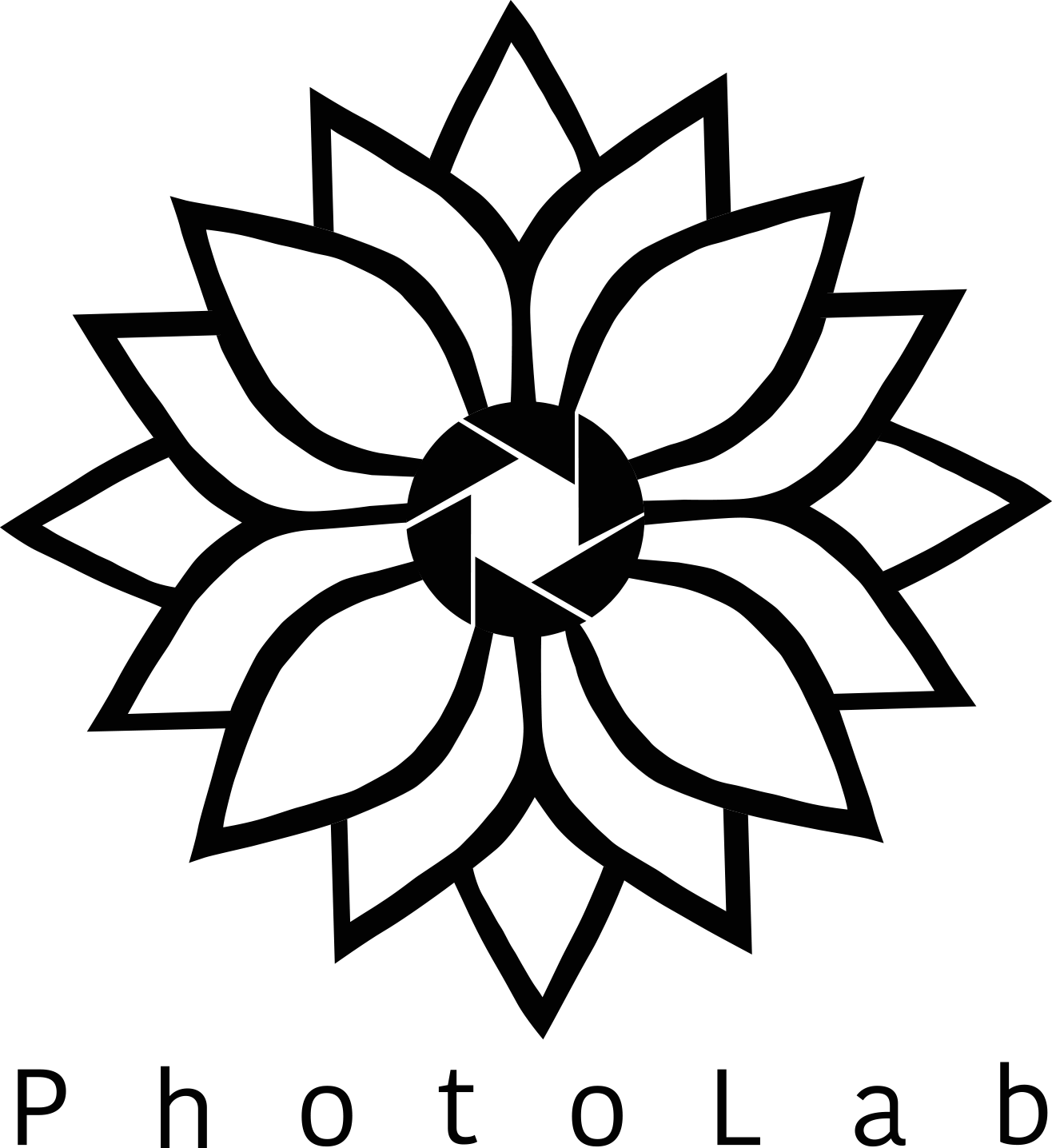 A black and white logo featuring a stylized lotus flower with overlapping petals and a camera aperture symbol at the center. Below it, the words "PhotoLab" are written in a modern font.