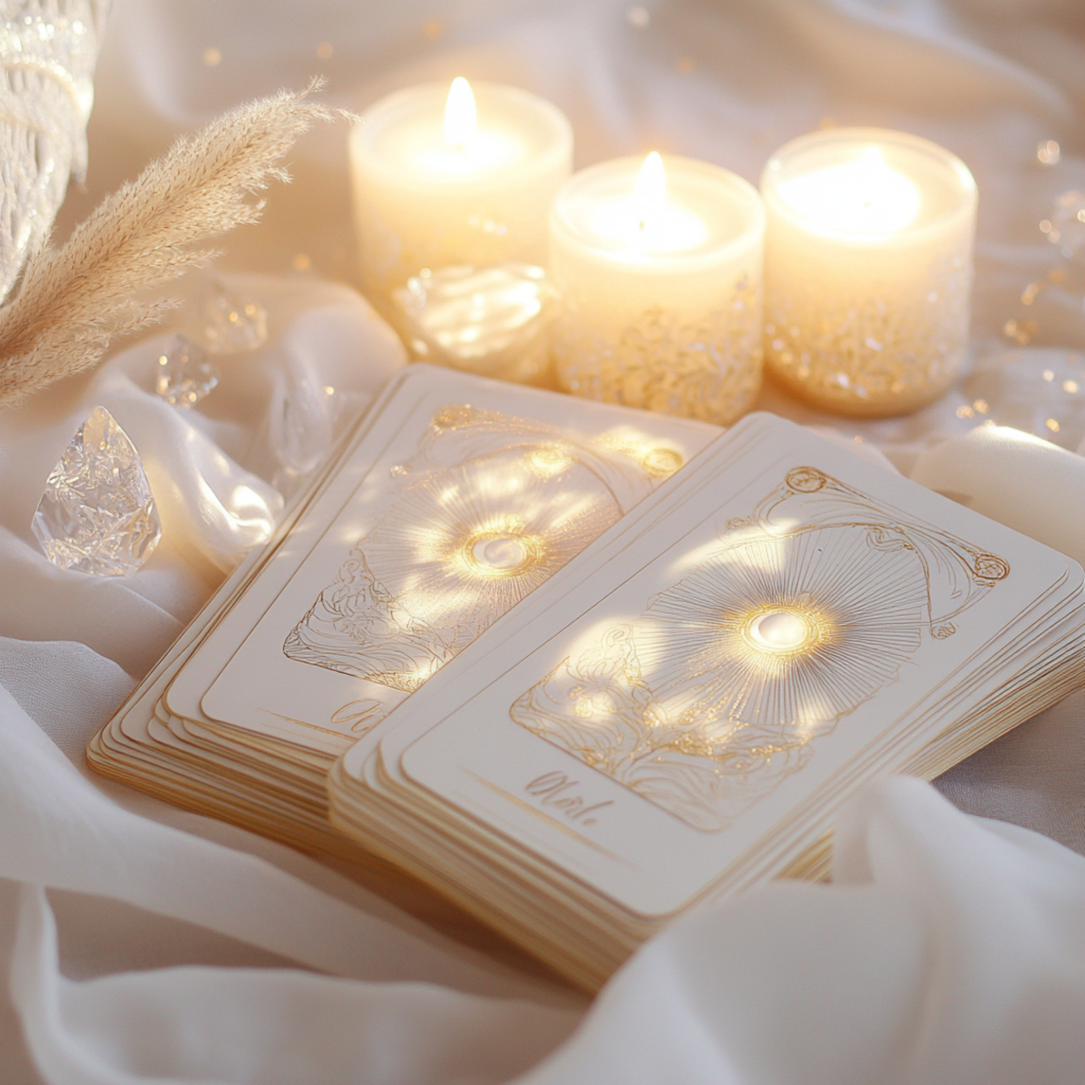 A set of tarot cards with gold designs, glowing candles, and crystal decorations on a white fabric surface. Body Wisdom Meditation Collection | Sacred Vessel Healing. Reconnect with your body's sacred intelligence through somatic healing.