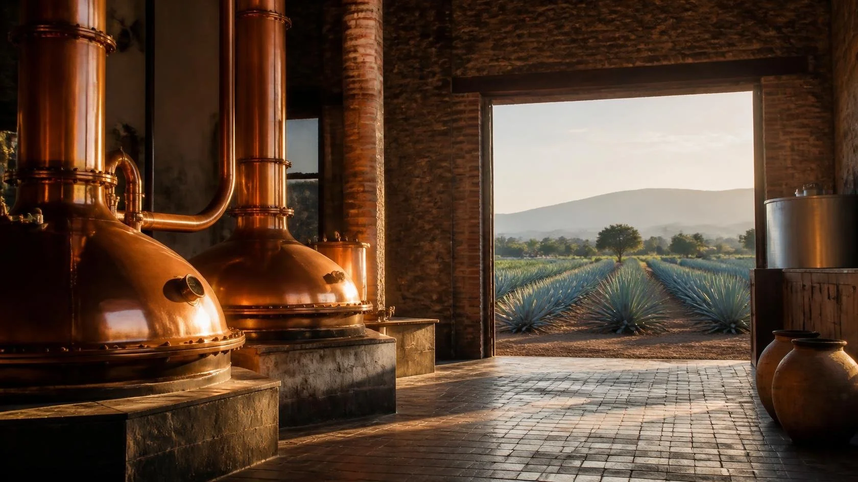Copper pot stills inside a distillery building, with an agave field visible through an open doorway