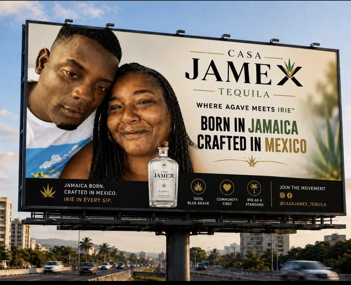 Two people smiling in front of a roadside billboard advertising Casa JAMEX tequila