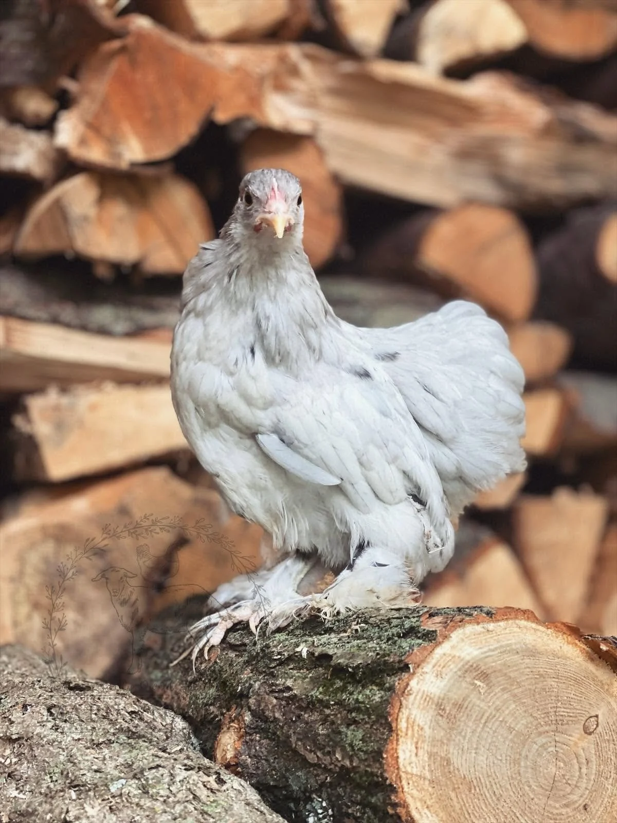 A tiny gray chicken standing on a log in front of stacked firewood.