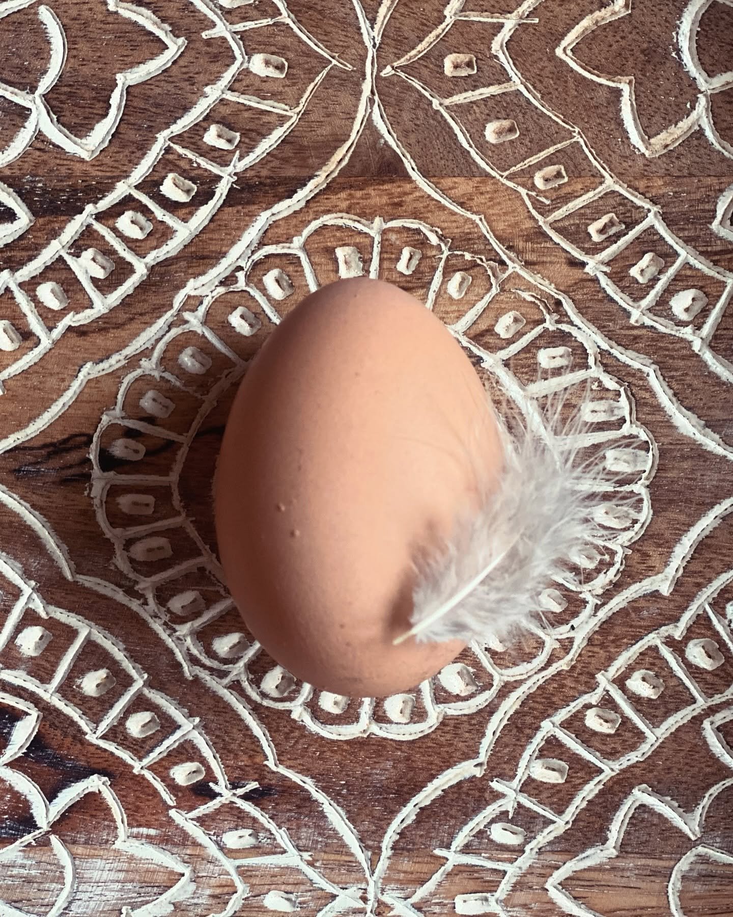 A brown egg with a white feather on a dark wooden surface with intricate white carved patterns.
