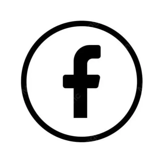 Facebook logo in black and white inside a circle.
