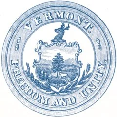 Seal of Vermont featuring a landscape with a pine tree, mountains, and a cow, surrounded by the words 'Vermont' and 'Freedom and Unity'.