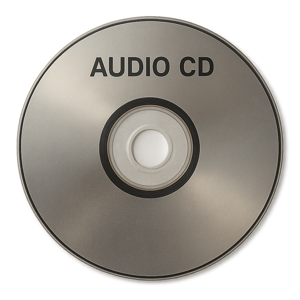 Close-up of an audio CD with the label 'AUDIO CD' on the surface.
