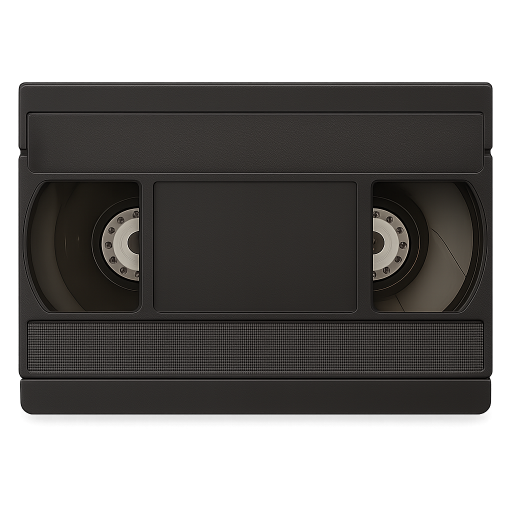 A vintage black VHS tape with a blank label and visible spools inside.