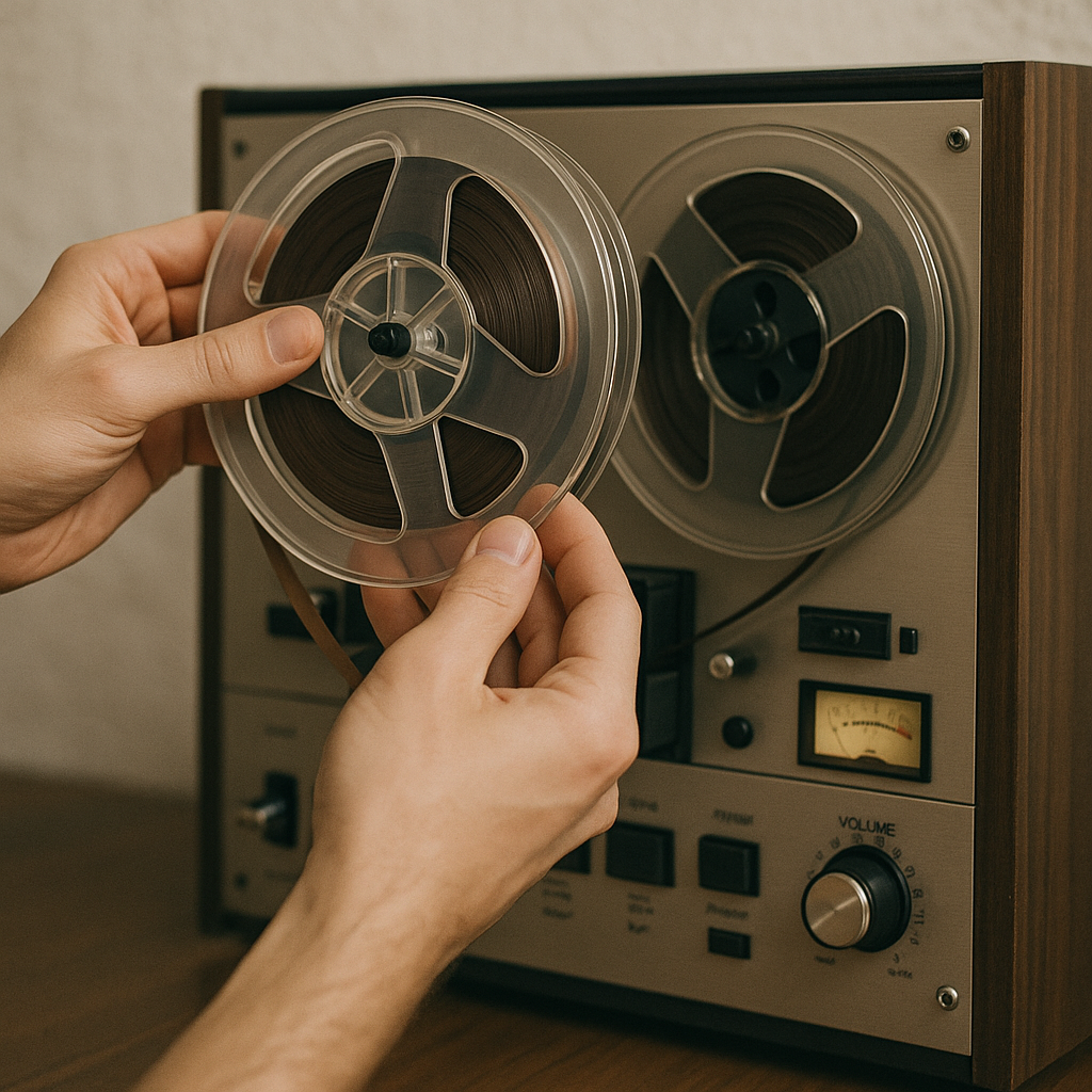 Person inserting a tape reel into a vintage reel-to-reel tape recorder.