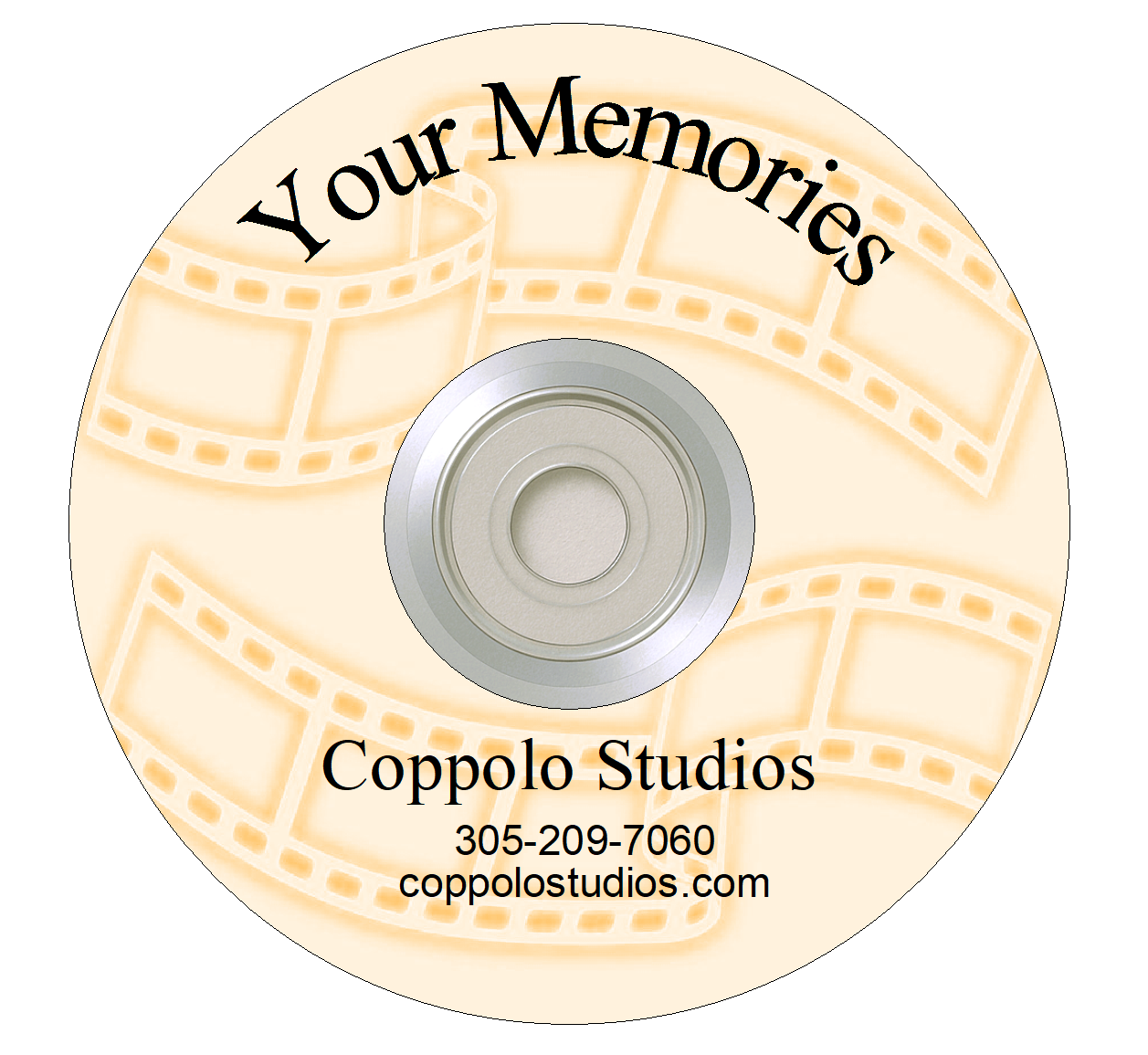 CD with the text "Your Memories" at the top and "Coppolo Studios" along with contact information at the bottom, and a background featuring filmstrip graphics.
