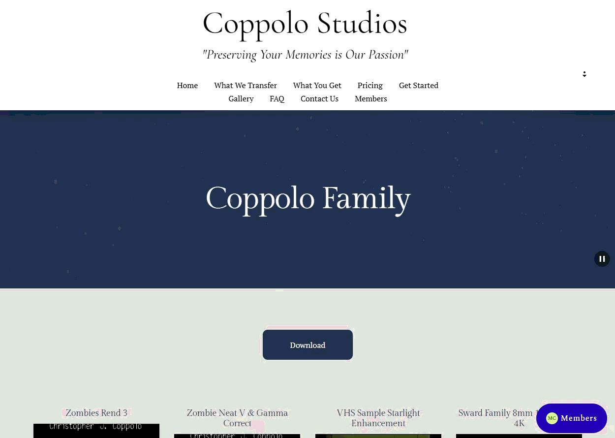 Screenshot of the Coppolo Studios private Member page, used to stream your personal videos after they have been digitized