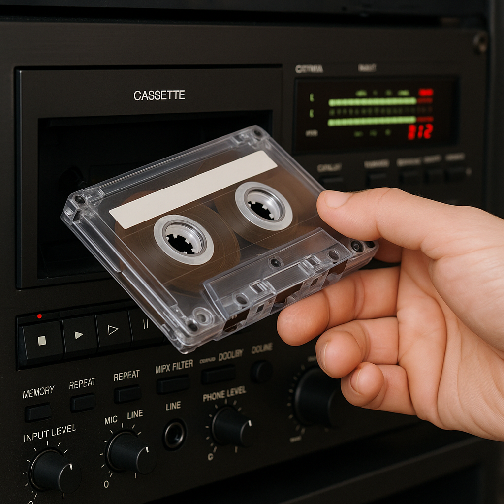 A person inserting a cassette tape into a stereo system.