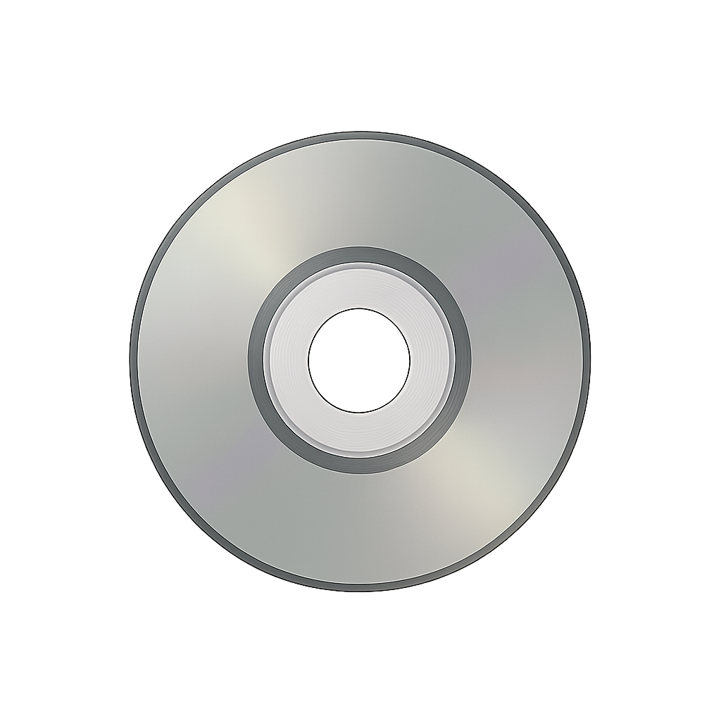 A close-up of a DVD or CD disc, showing its reflective surface and central hole.
