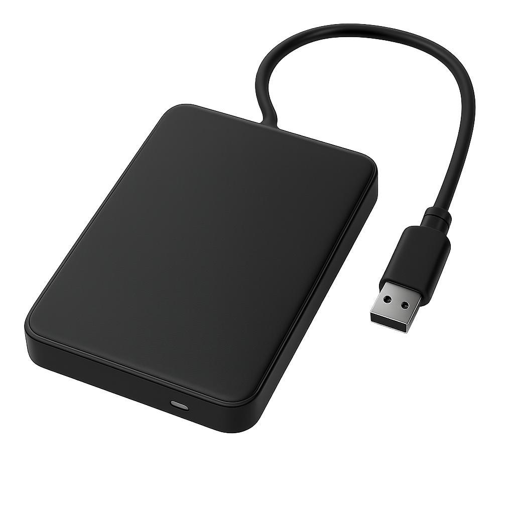 Portable external hard drive with a black casing attached to a USB cable.