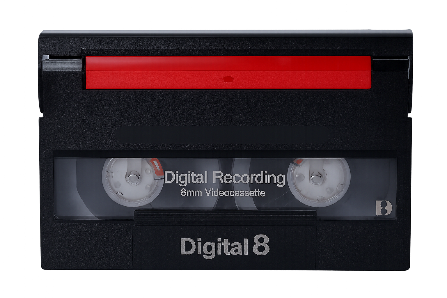 An 8mm video cassette tape with a black plastic body, red and clear label, and spools visible through the clear window, labeled 'Digital Recording' and 'Digital 8'.