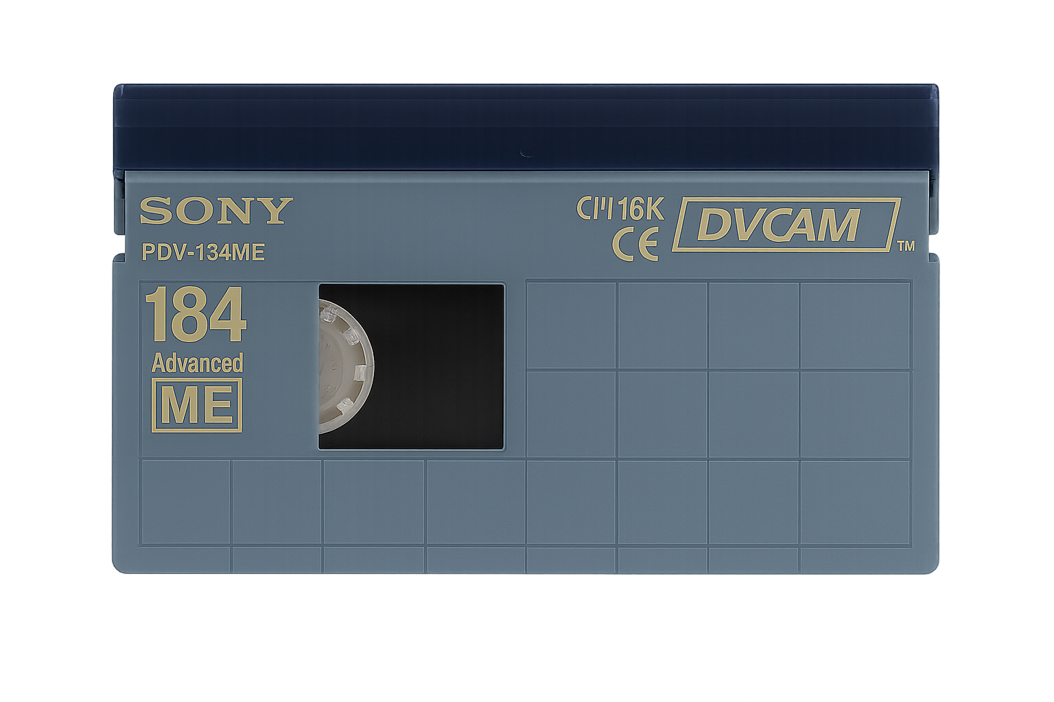 Close-up of a Sony DVCAM digital recording cassette tape, model PDV-134ME, with a predominantly gray and blue color scheme, and gold lettering.