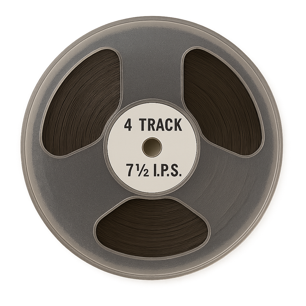A reel of 4-track 7.5-inch tape labeled '4 Track 7 1/2 I.P.S.'