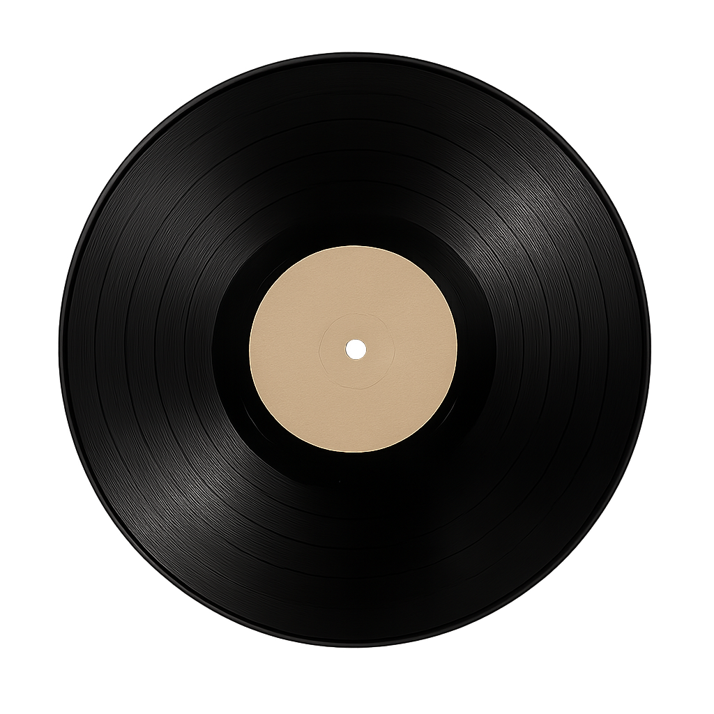 A black vinyl record with a blank beige label in the center.