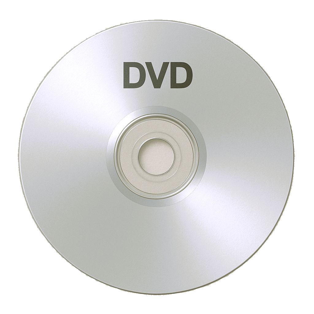 A silver DVD with the word 'DVD' printed on it.