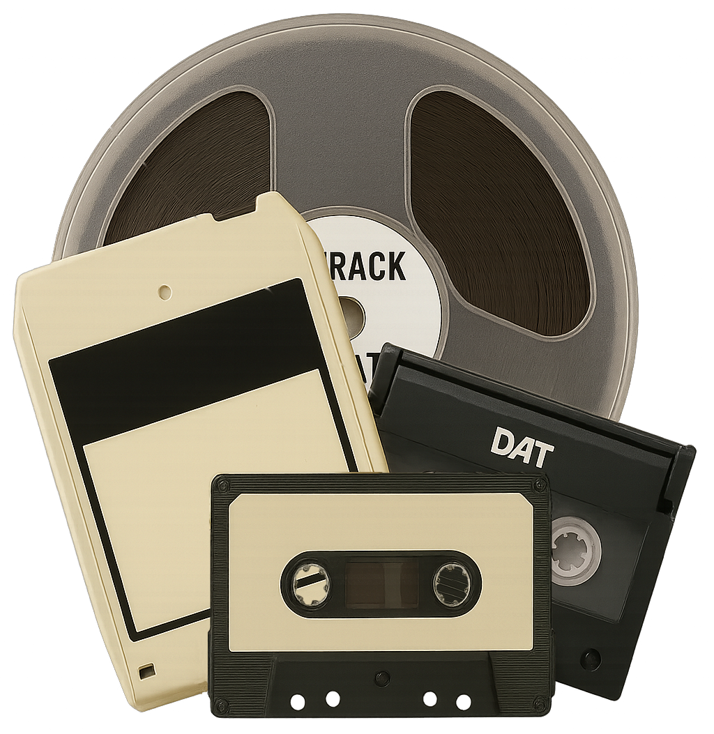 A vintage reel-to-reel tape recorder, two cassette tapes labeled 'DAT' and with blank labels, and a film reel used for recording or editing sound or video.