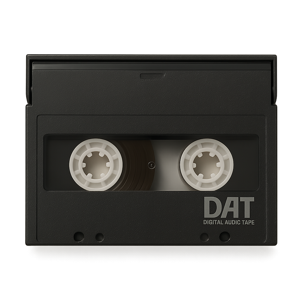 Close-up of a black DAT digital audio tape cassette with white reels labeled 'DAT'.