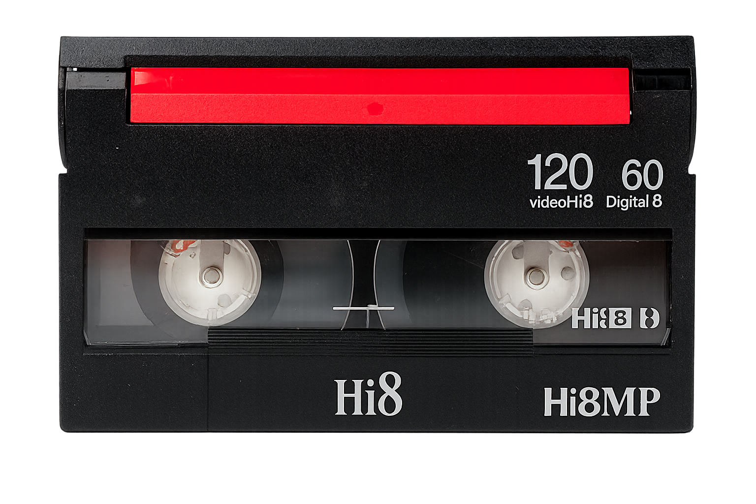 A black VHS tape with a red label on top and white text indicating 120 minutes, 60 minutes, videoHi8, and Digital 8. The tape has two white spools visible through a clear window with the text Hi8 and Hi8MP.